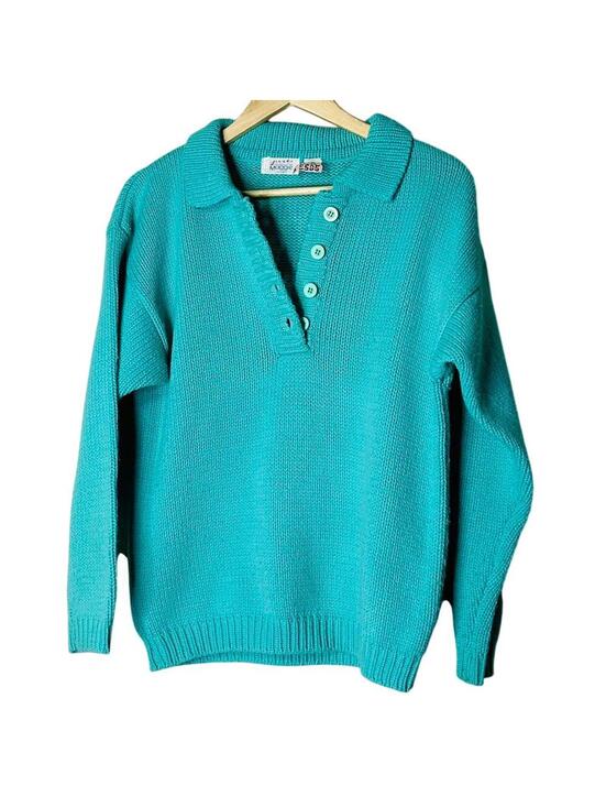 VTG Just Maggie Turquoise Knit Sweater Small 80s 90s Button Up Ribbed Trim - Picture 2 of 4